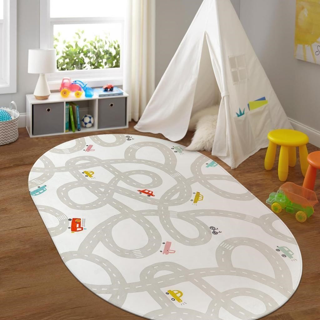 Grey Kids Rug for Playroom  5 x7  Washable Road