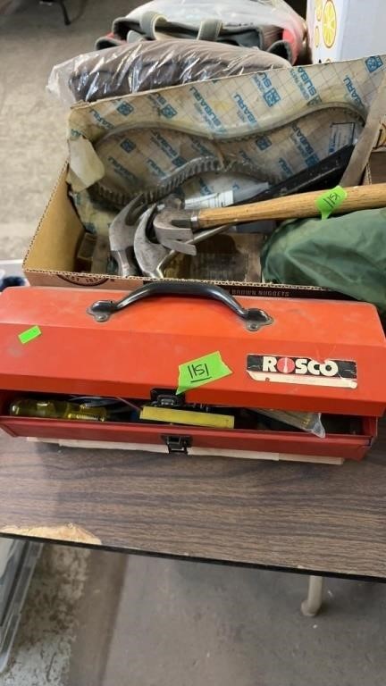RED TOOLBOX & BOX W/ HAMMERS & MISC