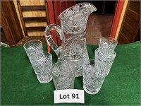 Old Clear Cut Leaded Pitcher With 6 Glasses