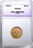 1909-D $5.00 GOLD INDIAN, APCG, CH/GEM BU