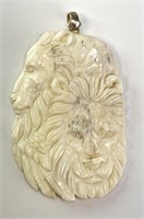 Sterling Bezel Large Carved Ox Bone Lion Pendant