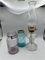 Tall Glass Hurricane Lamp, 2 Vintage Canning Jars