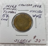 1942 uncirculated canadian 5 cent coin