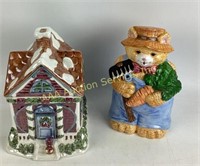 Ceramic Cookie Jars:  farmer cat and Victorian