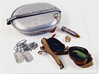 Military Items: WWI Mess Kit, Dog Tags, Aviator