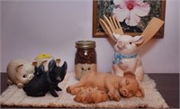 PIG FIGURINE ASSORTMENT AND PAIR FLORAL PICTURES