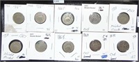 10 Shield Nickels: 1866, 1867, 1868, 1869, 1875,