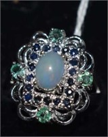 Sterling Silver Ring w/ Emeralds, Sapphires, Opal