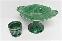 LEAFY GREEN MAJOLICA FOOTED BOWL, CUP