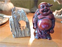 Carved red wood Budda and a piece of possibly