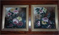 Two (2) Framed Painted Floral Tiles - Glazed -