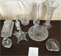 703 - GLASS BUTTER DISH, BOWLS, VASES (L)