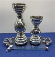 Crate And Barrel Silver tone Candleholders 10” ,