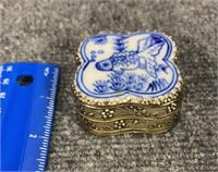 Asian Style Silver Plate Porcelain Top Trinket Box