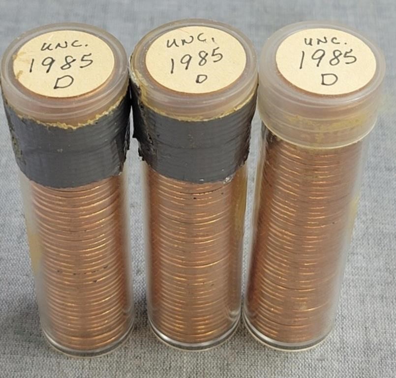 3 rolls 1985 uncirculated pennies, Denver mint