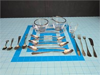 Silver rimmed sugar & creamer set w/ asst utensils