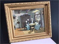 4 Women Sewing Vintage Signed Framed Oil Painting