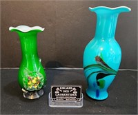 2 vases en verre soufflé dont Murano, vintages