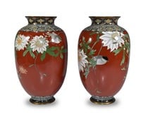 Pair of Japanese Red Ground Cloisonne Vases