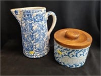 Stoneware Sponge Decorated Pitcher and Canister