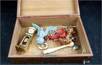 Vintage Wood Cigar Box With Old Trinkets Box Lot