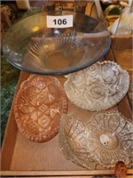 SEVERAL CUT GLASS BOWLS & FOOTED BLUE DEEP BOWL