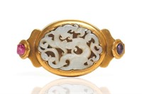 CHINESE CHILONG JADE PLAQUE IN GILT BELT BUCKLE