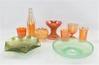 Assortment of Orange and Green Carnival Glass