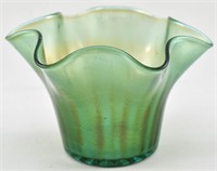 Iridescent Green Scalloped Rim Glass Vase