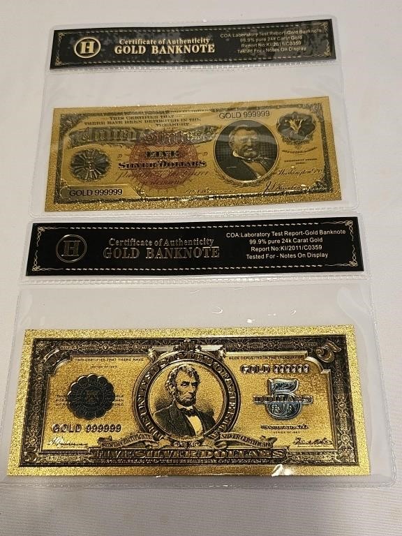 24k gold collectors silver bank notes 5$