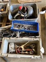 Five tubs: spring clamps, tin snips, holesaw,