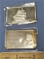 Lot of 2 fine .999 silver, 1 ounce bars, one is "O