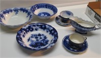 (8) PCS. FLOW BLUE BOWLS-CUP/SAUCERS-GRAVEY BOAT