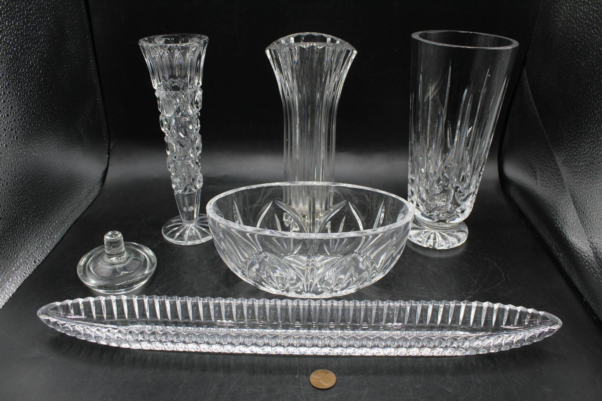 5 Waterford & Crystal Dishes+Olive Boat, Decanter+