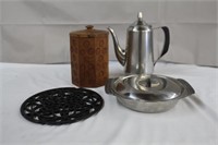 Stainless 9.5" coffee pot, stainless covered dish,