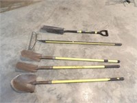 Various Fiberglass Handle Shovels, Rakes