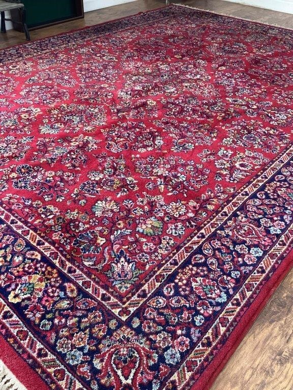 Sears red area rug, some fringes missing, may