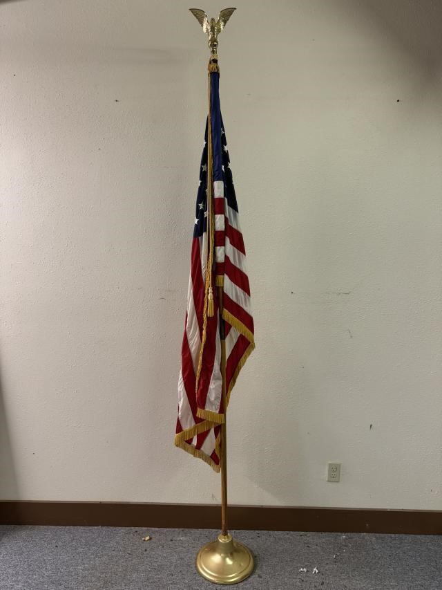 American Flag w/Metal Stand, Wooden Pole & Eagle