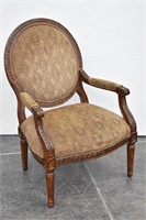 Upholstered Arm Chair Round Back Carved Wood