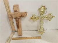Wood Crucifix & Glass W/ Gold Accent Cross