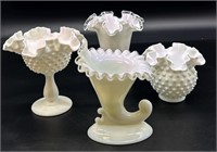 Fenton Milk Cornucopia & Hobnail Vases & Compote
