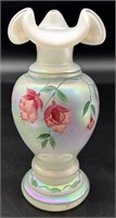 Fenton Hp French Opal Fuchsias Ruffle Vase
