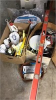 2 boxes hardware, cleaning supplies, level, hose