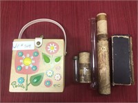 2 test tubes and wooden purse