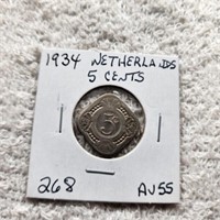1934 Netherlands 5 Cent AU55