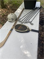 Hockey stick racquetball racket Bell bike helmet