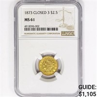 1873 $2.50 Gold Quarter Eagle NGC MS61 Closed 3