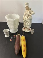 Japan Figurine, Milk Glass & Plastic Corn Set