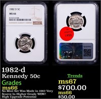 NGC 1982-d Kennedy Half Dollar 50c Graded ms66 By