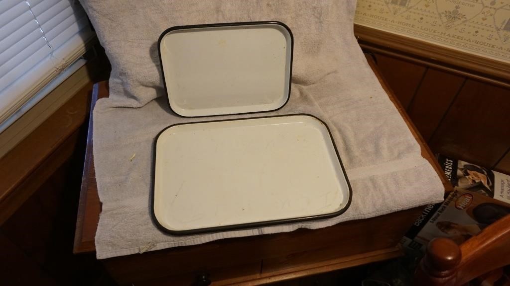Set of Two Vintage Black Rim Enamel Tray